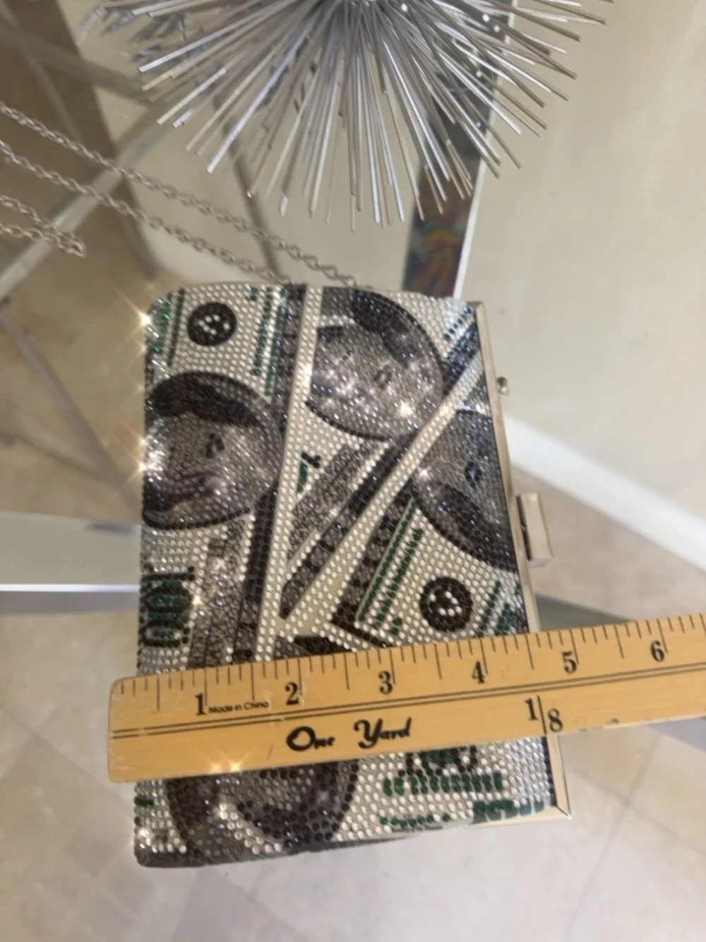 Crystal Money Print Evening Clutch - Silver & Green